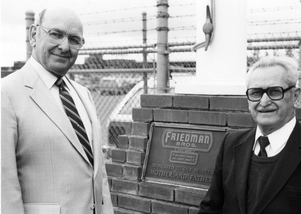 Benny and Joe Friedman stand outside the original Friedman Bros. store in Petaluma, where a small salvage yard business founded in 1946 would grow into one of the North Bay's most trusted family-owned companies. 